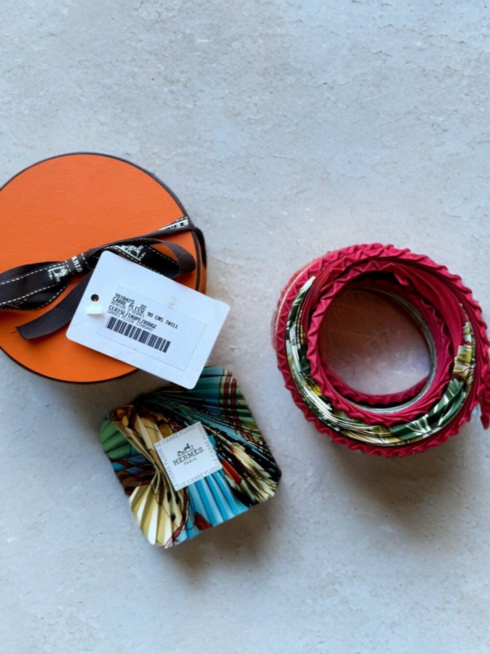 Hermes Red Au Coeur des Bois Silk Pleated Scarf
